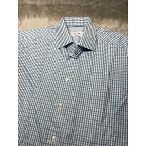 Eton Shirt Men Size 41 Large Blue Plaid Button Up Contemporary Dress Long Sleeve